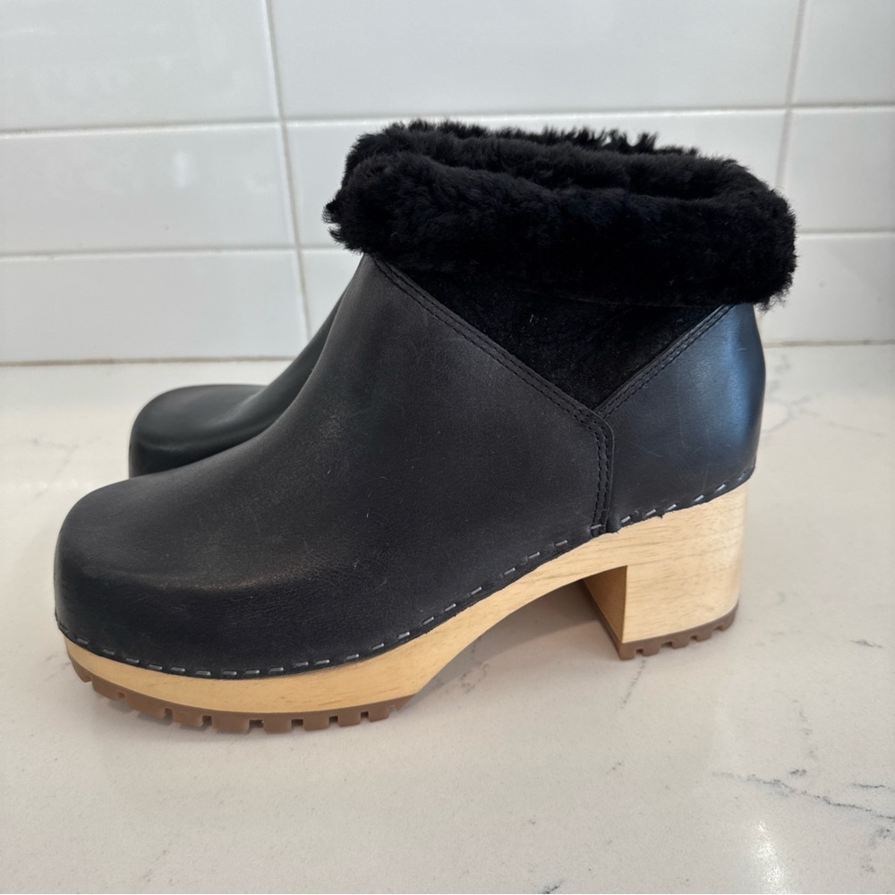 New MIA Clogs ‘Josi’ Women's Black Leather Boots with Sheep Fur Lining wood heel - Picture 3 of 11